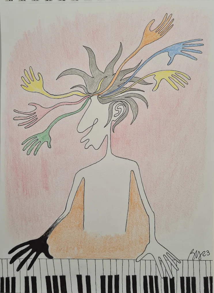 Dessin original du pianiste avec les mains sortant de la tête